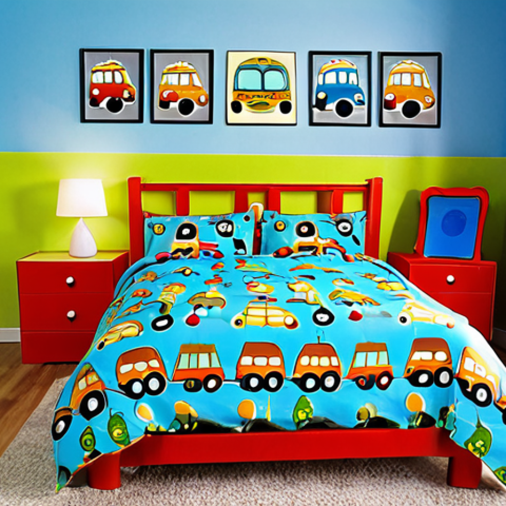 **A vibrant and playful children's bedroom decorated with Tayo the Little Bus themed items. Include a Tayo vinyl wall sticker, Tayo themed bedding on a cozy bed, and a Tayo lamp casting a warm glow. The overall atmosphere should be cheerful and inviting for young children.**