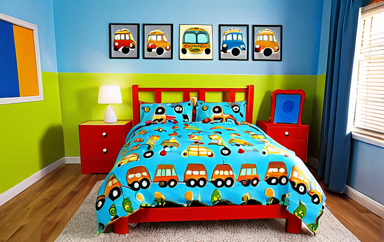**A vibrant and playful children's bedroom decorated with Tayo the Little Bus themed items. Include a Tayo vinyl wall sticker, Tayo themed bedding on a cozy bed, and a Tayo lamp casting a warm glow. The overall atmosphere should be cheerful and inviting for young children.**