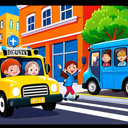 **Prompt 1:** A vibrant, engaging illustration showing happy children learning about urban life and road safety. They are interacting playfully with elements like traffic lights, crosswalks, and various city vehicles (a blue bus, police car, fire truck), reflecting lessons from "Tayo the Little Bus." The scene should convey curiosity, a sense of community, and the joy of discovery in a bright, colorful, and friendly animated style. Focus on the children's expressions of understanding and wonder.