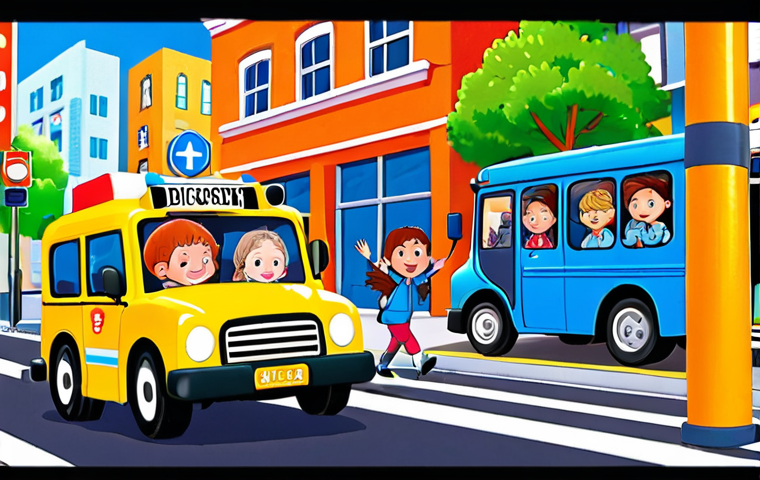 **Prompt 1:** A vibrant, engaging illustration showing happy children learning about urban life and road safety. They are interacting playfully with elements like traffic lights, crosswalks, and various city vehicles (a blue bus, police car, fire truck), reflecting lessons from "Tayo the Little Bus." The scene should convey curiosity, a sense of community, and the joy of discovery in a bright, colorful, and friendly animated style. Focus on the children's expressions of understanding and wonder.