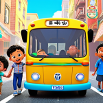 A cheerful, vibrant animated scene featuring Tayo the Little Bus and his friends (Lani, Rogi, Gani) demonstrating positive social-emotional skills and road safety. They are collaboratively navigating a colorful, bustling city street, helping each other or following traffic rules. Emphasize teamwork, friendship, and playful learning. Bright and clean animation style.
