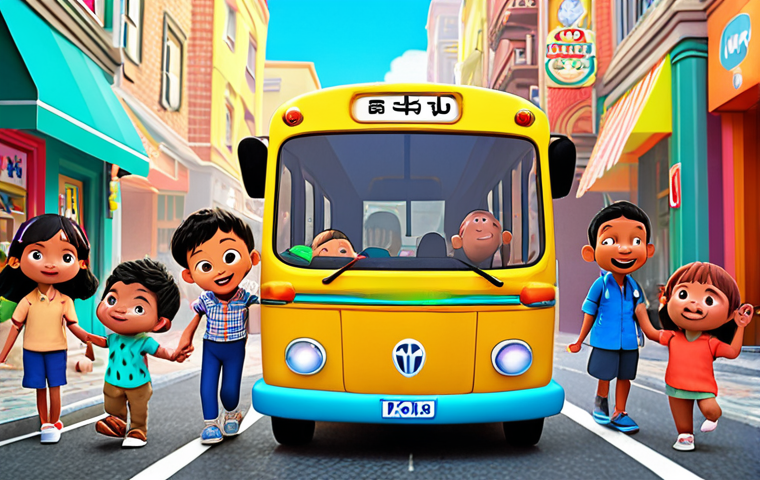 A cheerful, vibrant animated scene featuring Tayo the Little Bus and his friends (Lani, Rogi, Gani) demonstrating positive social-emotional skills and road safety. They are collaboratively navigating a colorful, bustling city street, helping each other or following traffic rules. Emphasize teamwork, friendship, and playful learning. Bright and clean animation style.