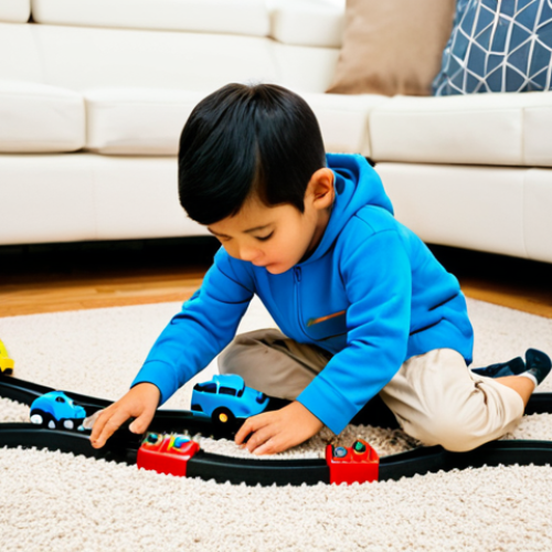 A child, approximately 4 years old, fully clothed in modest, comfortable play clothes, sitting on a clean, soft playmat in a brightly lit living room. The child is engrossed in playing with a collection of colorful Tayo the Little Bus toy vehicles and interlocking track pieces. Tayo (the blue bus) is clearly visible, along with his friends Gani, Lani, and Rogi, arranged on a simple track layout. The child's hands are focused on connecting track pieces and pushing the buses along, demonstrating fine motor skill development and hand-eye coordination. The scene captures a moment of imaginative play and cognitive engagement. Perfect anatomy, correct proportions, natural pose, well-formed hands, proper finger count. Safe for work, appropriate content, fully clothed, family-friendly professional photography, high quality.