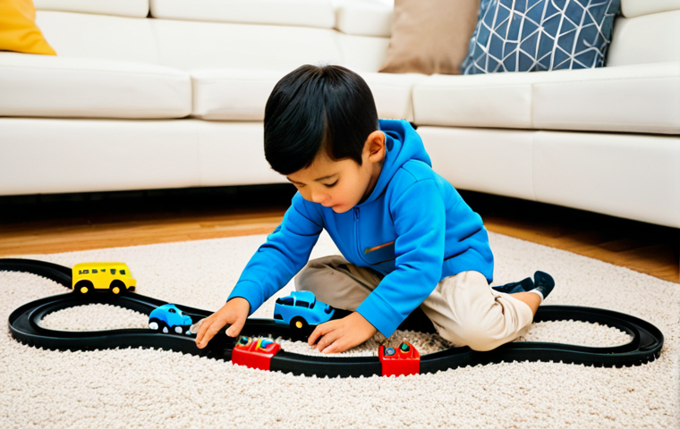 A child, approximately 4 years old, fully clothed in modest, comfortable play clothes, sitting on a clean, soft playmat in a brightly lit living room. The child is engrossed in playing with a collection of colorful Tayo the Little Bus toy vehicles and interlocking track pieces. Tayo (the blue bus) is clearly visible, along with his friends Gani, Lani, and Rogi, arranged on a simple track layout. The child's hands are focused on connecting track pieces and pushing the buses along, demonstrating fine motor skill development and hand-eye coordination. The scene captures a moment of imaginative play and cognitive engagement. Perfect anatomy, correct proportions, natural pose, well-formed hands, proper finger count. Safe for work, appropriate content, fully clothed, family-friendly professional photography, high quality.