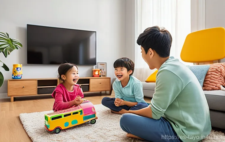타요 팬덤 커뮤니티 - **Prompt:** A cozy, brightly lit living room scene where a diverse family – a parent and two childre...