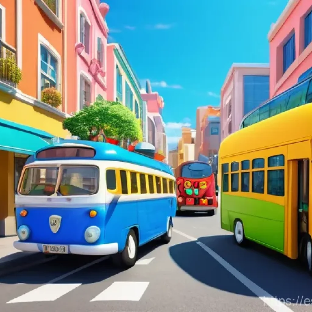 타요 캐릭터 소개 - **A vibrant, cheerful scene showcasing Tayo and his friends in their animated city.**
    "A wide-an...