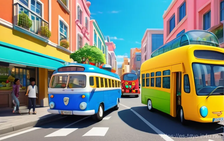 타요 캐릭터 소개 - **A vibrant, cheerful scene showcasing Tayo and his friends in their animated city.**
    "A wide-an...