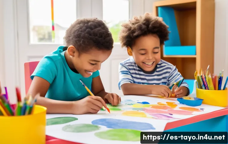 타요 미술 활동 - **Prompt 1: "A group of diverse children, aged 5-8, are happily engaged in an art activity in a brig...