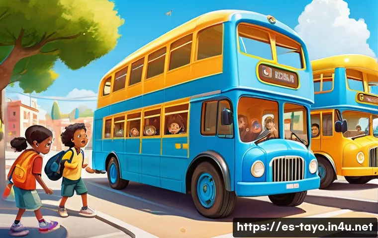 타요의 창작 이야기 - A vibrant and colorful digital illustration of Tayo and his friends—Tayo (blue bus), Rogi (green bus...