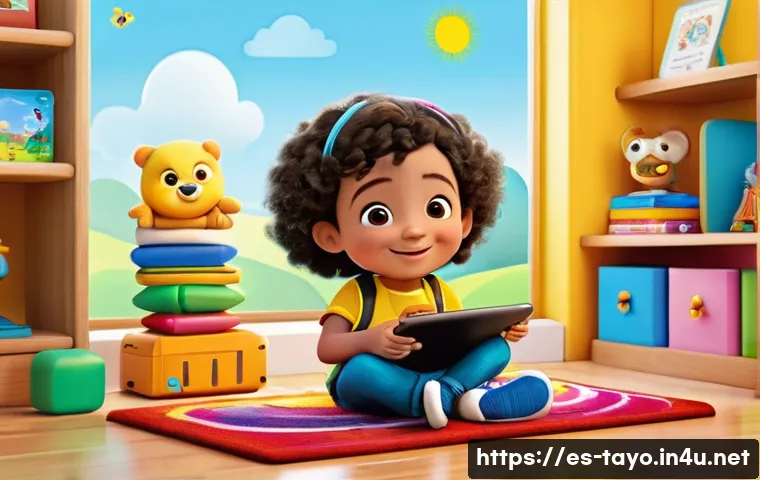 타요의 어린이 상호작용 콘텐츠 - A vibrant digital learning scene featuring a young Hispanic child wearing colorful, comfortable clot...