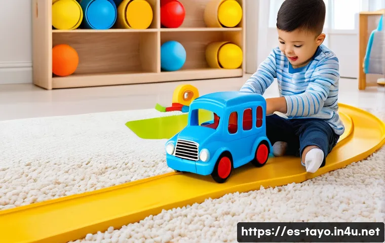 타요 캐릭터 상품 리뷰 - A vibrant and colorful playroom scene featuring young children aged 3 to 6 playing with Tayo-themed ...