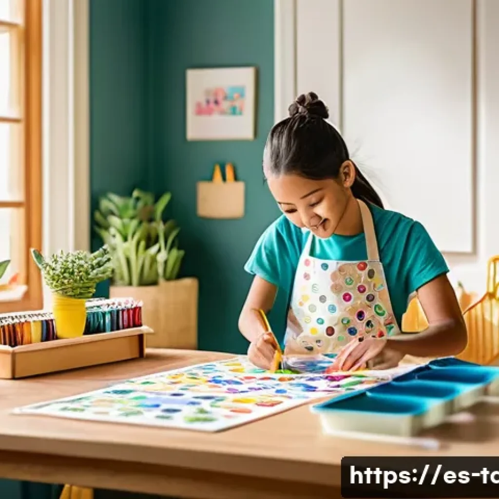 타요 캐릭터 도장 만들기 - A cozy craft room scene with a family crafting custom Tayo character stamps: a child wearing a color...