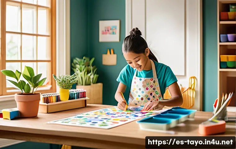 타요 캐릭터 도장 만들기 - A cozy craft room scene with a family crafting custom Tayo character stamps: a child wearing a color...