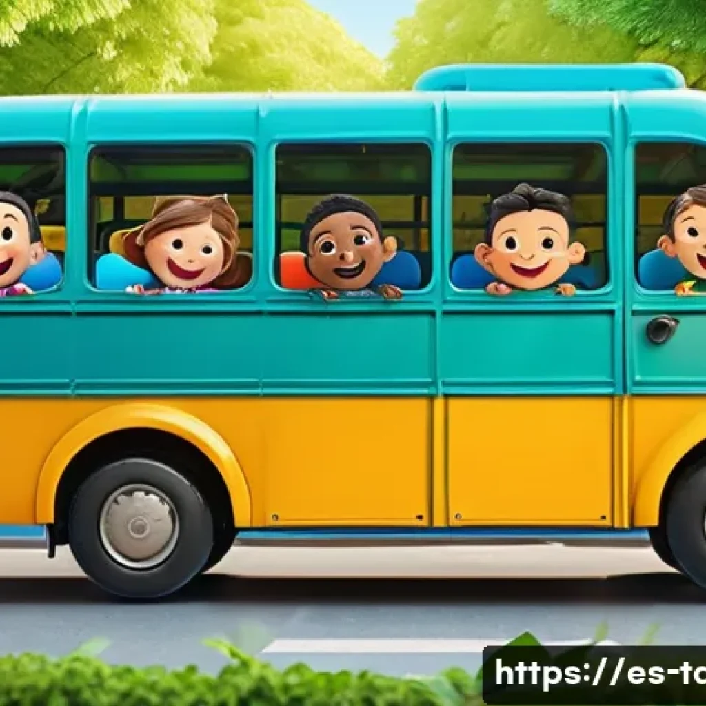 타요 동화책 - A vibrant, colorful illustration of a group of friendly animated bus characters resembling Tayo and ...