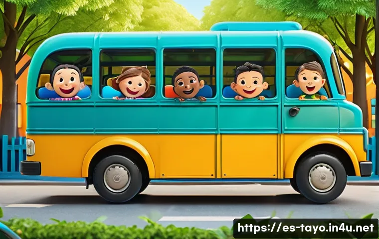 타요 동화책 - A vibrant, colorful illustration of a group of friendly animated bus characters resembling Tayo and ...