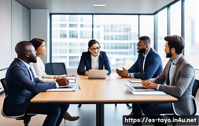 타요와 가니의 팀워크 - A diverse professional team engaged in a dynamic meeting around a modern office table, showcasing ac...