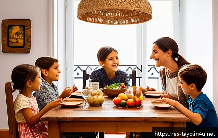 타요와 가족 콘텐츠 - A warm family scene during dinner time in a cozy Spanish home, with parents and children aged around...