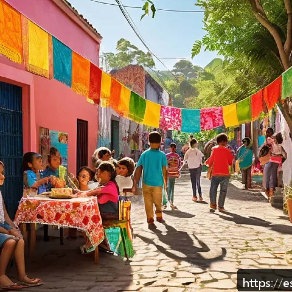타요의 라이선싱 전략 - A vibrant outdoor scene set in a sunny Latin American neighborhood during a local festival, featurin...