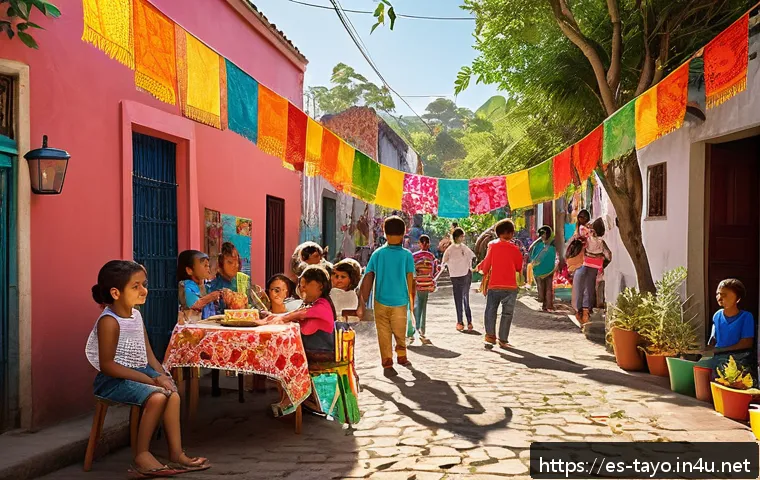 타요의 라이선싱 전략 - A vibrant outdoor scene set in a sunny Latin American neighborhood during a local festival, featurin...