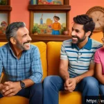 타요의 미디어 믹스 전략 - A vibrant and cheerful scene of a Spanish family watching a colorful children&rsquo;s TV show featuring an...