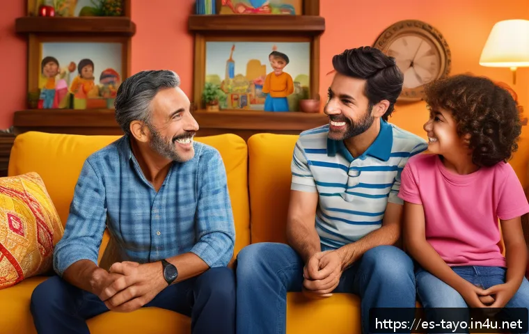타요의 미디어 믹스 전략 - A vibrant and cheerful scene of a Spanish family watching a colorful children’s TV show featuring an...