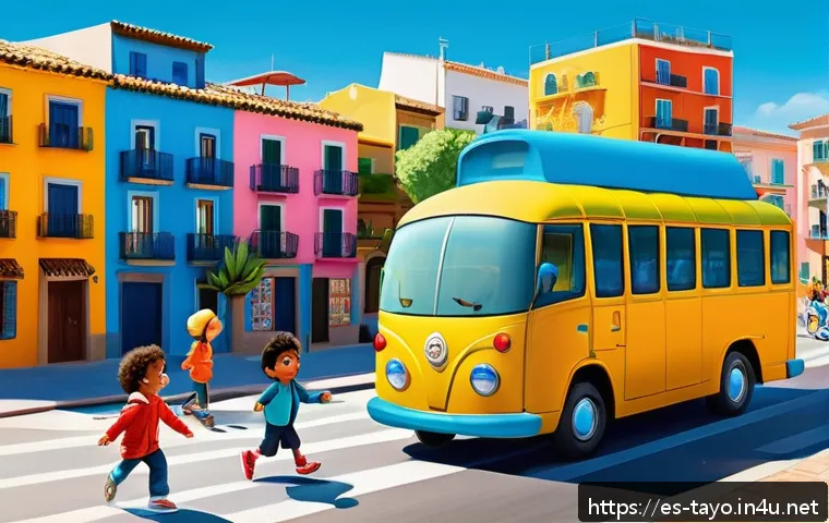 타요와 글로벌 캐릭터 비교 - A colorful and friendly animated scene featuring Tayo the little bus and his friends in a vibrant ur...