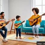 타요 OST 앨범 - A warm, joyful family scene in a bright Spanish-speaking living room where parents and children of d...