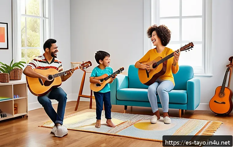 타요 OST 앨범 - A warm, joyful family scene in a bright Spanish-speaking living room where parents and children of d...