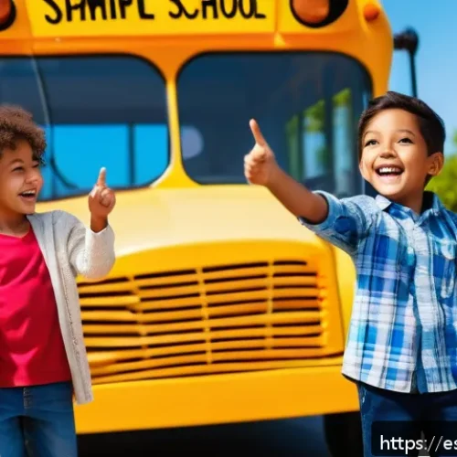 타요와 키즈 마케팅 - A cheerful, animated yellow school bus character with big expressive eyes and a friendly smile, wear...