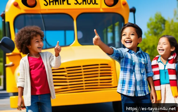 타요와 키즈 마케팅 - A cheerful, animated yellow school bus character with big expressive eyes and a friendly smile, wear...