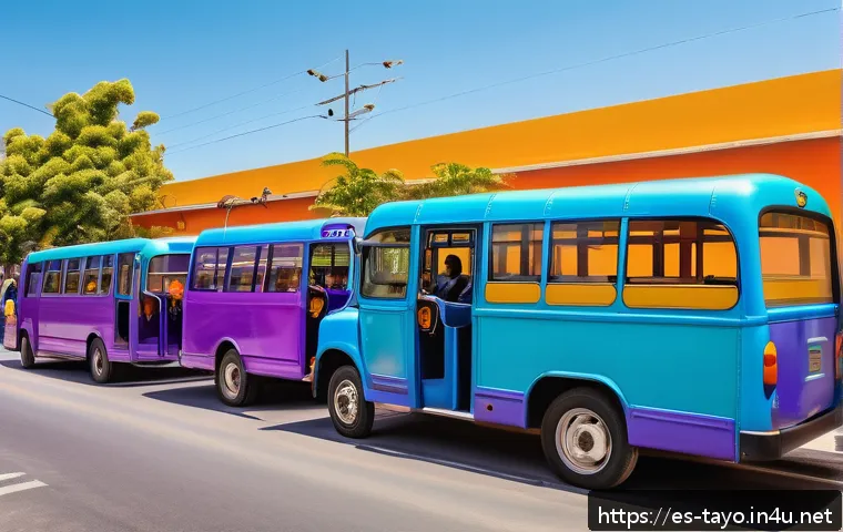 타요 캐릭터별 특징 - A vibrant and cheerful scene featuring five colorful cartoon buses with friendly faces, each represe...