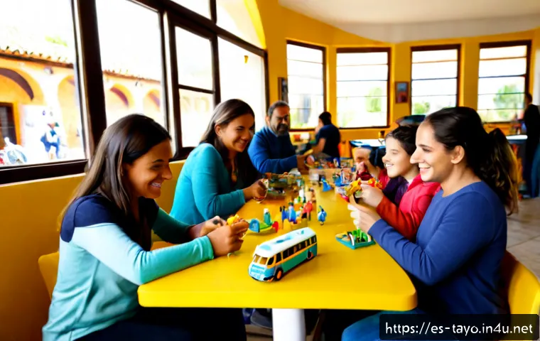 타요 팬 커뮤니티 활동 - Photorealistic Spanish-speaking family fan community gathering in a sunny community center, parents ...