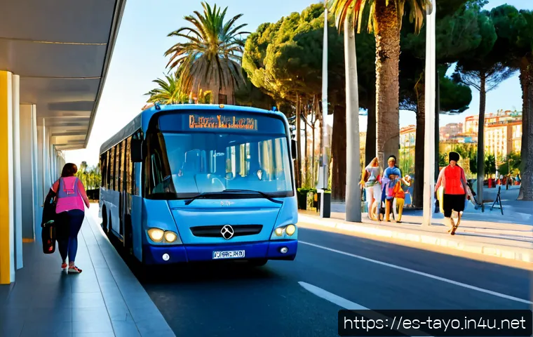 타요 관련 여행 콘텐츠 - Photorealistic travel scene in Barcelona, a cheerful blue city bus with no logos arriving at a sunny...