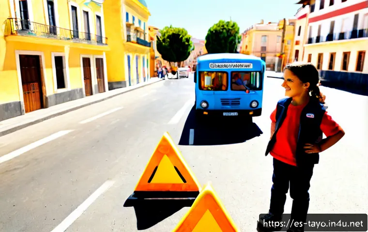 타요와 어린이 학습 프로그램 - Photorealistic sunny Spanish preschool classroom, a friendly small blue city bus character shown as ...
