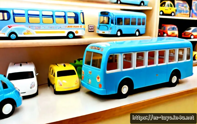 타요 공식 스토어 - Photorealistic Spanish family toy store interior, a cheerful blue city bus toy with friendly cartoon...