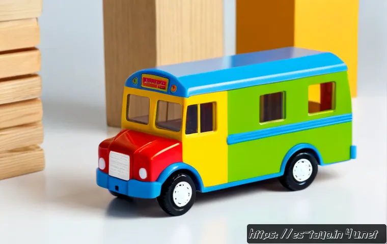 타요의 색채 디자인 - Photorealistic studio composition of a cheerful compact blue city bus toy with bright red, yellow, a...