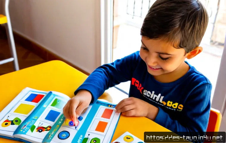 타요 관련 워크북 - Photorealistic Spanish preschool learning scene, a cheerful young child wearing casual clothes seate...